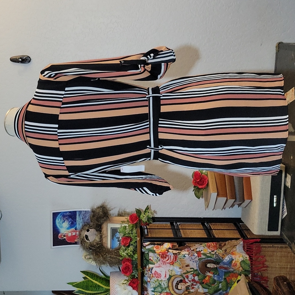 Striped Belted Shirt Dress Button Tab Roll Up Sleeves Small - Picture 5 of 11